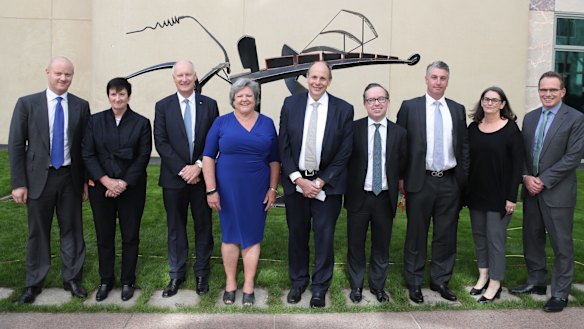 The Business Council of Australia left to right Ian Narev, Jennifer Westacott, Richard Goyder, Joanne Farrell (not on board), Grant King, Alan Joyce, Brent Eastwood (not on board), Catherine Tanna and Andrew Mackenzie at Parliament House