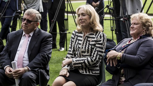 Donors Barry Lambert, far left, and Joy Lambert, far right, with University of Sydney Chancellor Belinda Hutchinson at the University of Sydney on Friday. 
