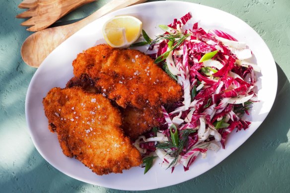 Chicken schnitzels with radicchio and fennel slaw.
