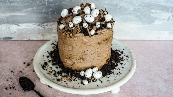 Marble chocolate layer cake decorated with candy-shelled chocolate 'bird's eggs'.