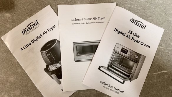 Manuals for the three air fryers Gemima Cody tested. 