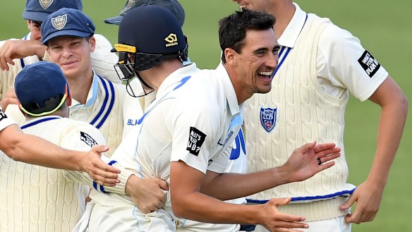 NSW's Mitchell Starc celebrates with teammates after dismissing David Moody on Tuesday.