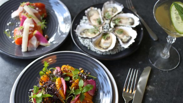 Miso-glazed salmon, local beetroot salad and Sydney rock oysters at Chiswick.