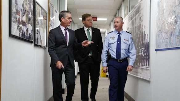 NSW Police Commissioner Andrew Scipione, NSW minister Troy Grant and Monaro Local Command superintendent Rod Smith at the Queanbeyan Police Station, which will get a $15-million makeover.