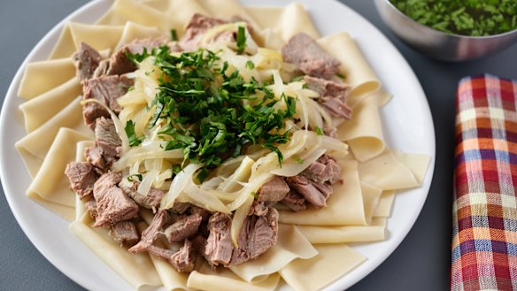 Beshbarmak. To my palate, boiled horse meat with pasta sheets and stewed onions is not very tasty.