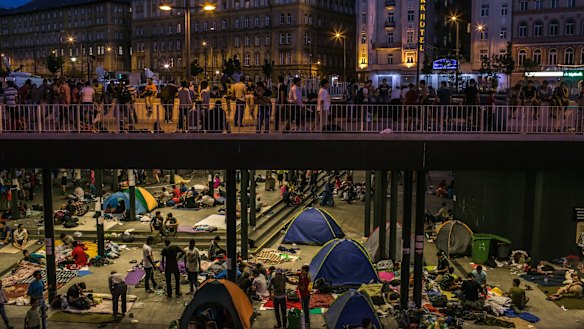 Migrants camp under the Keleti train station in Budapest.