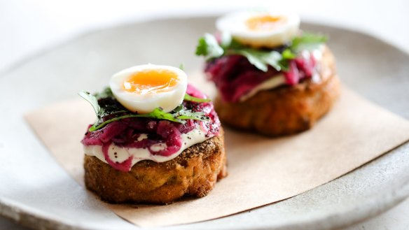 Good Food.  Terry Durack. Nour restaurant in Surry Hills.
Falafel crumpet parsley, pickled quail egg.                                   20th June 2019. Photo: Edwina Pickles.