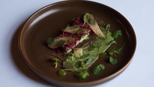 Lamb backstrap is lightly cured in native spices, smoked then served as a kind of autumnal tartare. 