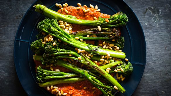 Spanish-inspired vegie side: Roasted broccolini with romesco.
