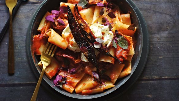 Pasta with tomato vodka sauce, charred chilli and burrata cheese. 