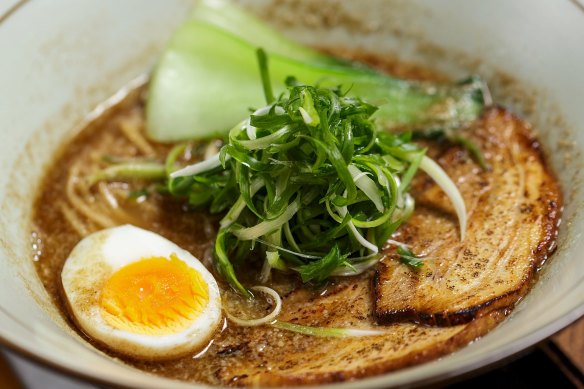 Black ramen with pork, bok choy and egg.