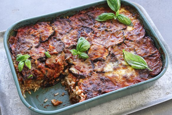 Eggplant bake meets saffron risotto.