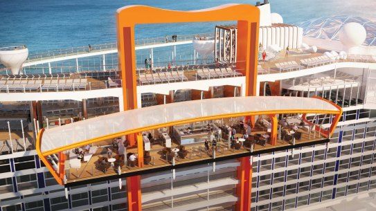 The Magic Carpet, an exterior platform will roam up and down from Deck 2 to Deck 16, is one of the innovations for the new cruise ship Celebrity Edge.