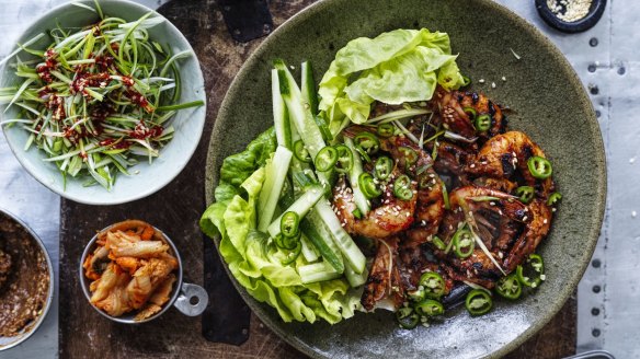 Neil Perry makes Korean lettuce wraps with barbecued king prawns.