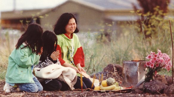 In May 1992, Karmein Chan's mother and her sisters perform a service at the spot where the child's body was discovered in Thomastown.