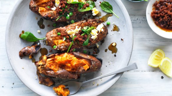 Pot o' gold: Jill Dupleix's baked sweet potato with chorizo cous cous.