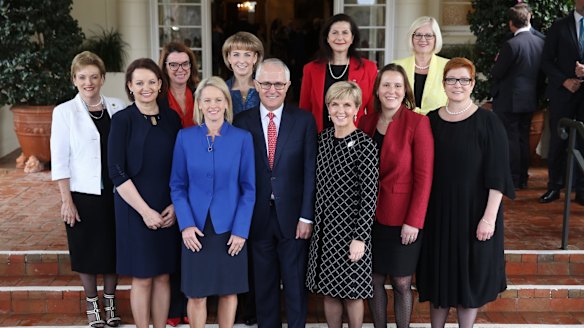 Prime Minister Malcolm Turnbull with female members of the ministry after the swearing in ceremony at Government House in July.