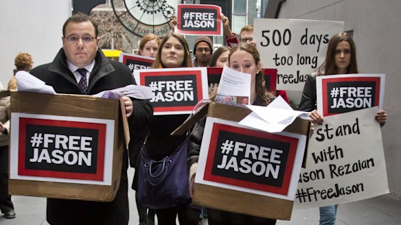Ali Rezaian, far left, the brother of Washington Post reporter Jason Rezaian, rallies with supporters during the campaign for the reporter's release.