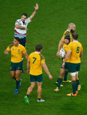 Crucial call: Referee Craig Joubert awards Australia a late match-winning penalty against Scotland in the 2015 Rugby World Cup quarter-final.