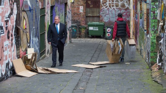 Lord Mayor Robert Doyle in a lane behind the council-owned "Munro site". Melbourne City Council wants to redevelop the site as part of its revamp of Queen Victoria Market. 