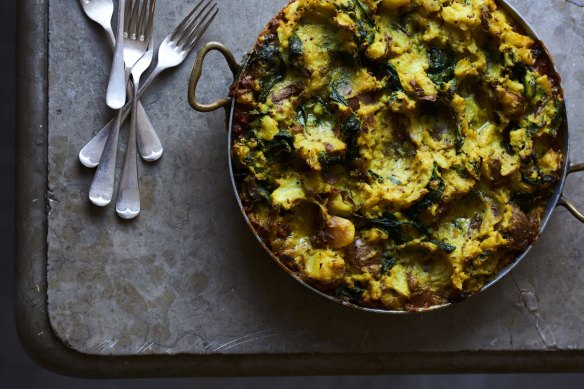 Bubbling filling and crisp top: Saag aloo shepherd's pie.