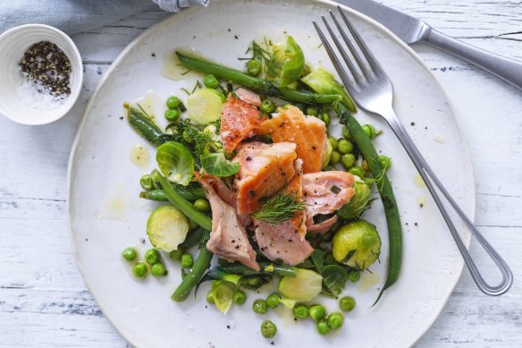 Jill Dupleix's hot smoked salmon with greens.
