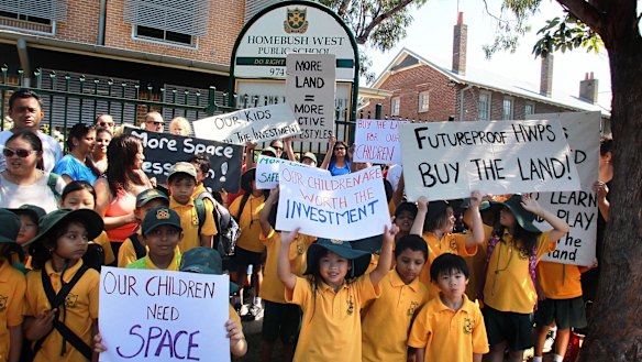 Parents and children protest at Homebush West Public school where children have been banned from running due to overcrowding. 