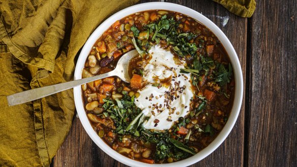 Freezer-friendly Sri Lankan-spiced lentil and bean soup with a dollop of yoghurt.