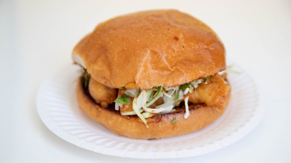 Battered flathead torta with coriander and salted cabbage.