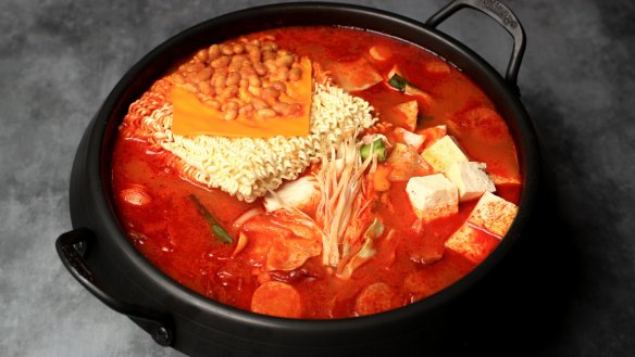 Army Stew, a Korean-American mash-up featuring sliced cheese, sausage and instant noodles.