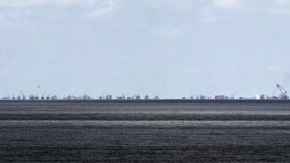 The alleged on-going reclamation of Subi Reef by China is seen from Pag-asa Island in the Spratly Islands in the South China Sea, western Palawan Province, Philippines. 