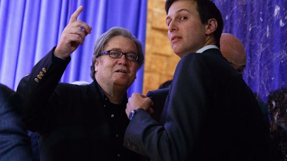 Steve Bannon, chief strategist for President-elect Donald Trump, left, talks with Jared Kushner.