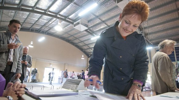 Pauline Hanson on election day at Jamboree State School in Brisbane.