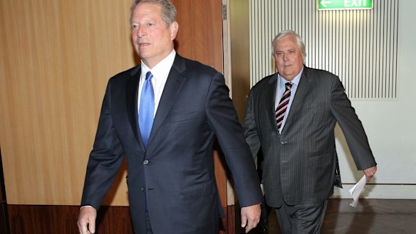 Former United States vice-president Al Gore with Clive Palmer on a previous trip to Australia in 2014.