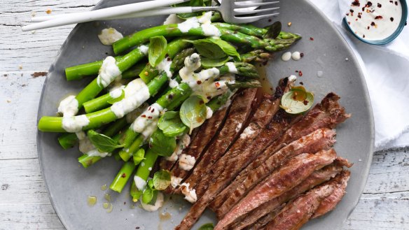 A low-carb meal of grilled beef, asparagus and anchovy sauce recipe.