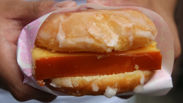 A leche flan doughnut burger from Donut Papi.