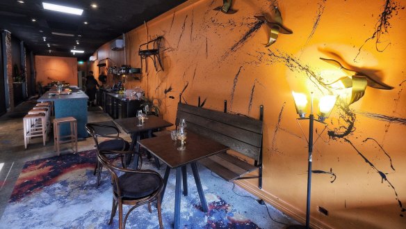 March bar, next door to Ides in Collingwood, has a mustard feature wall splattered with black paint by owner-chef Peter Gunn.