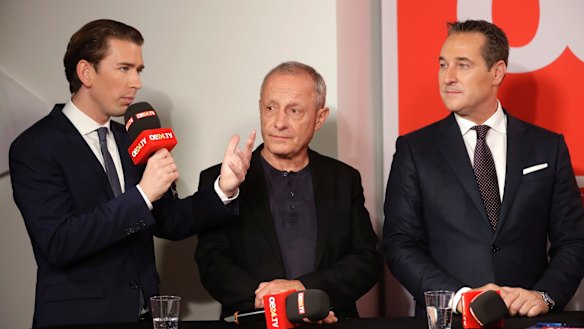From left: Sebastian Kurz, with Peter Pilz of Liste Pilz and Hans-Christian Strache, leader of the strongly eurosceptic Austrian Freedom Party, on TV on Sunday night.