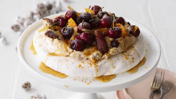 Pavlova shells can be topped with fresh (and dried) fruit, like this one by Adam Liaw. 