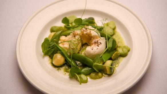 Spring salad of broad beans, sugar snaps and hazelnuts with burrata.