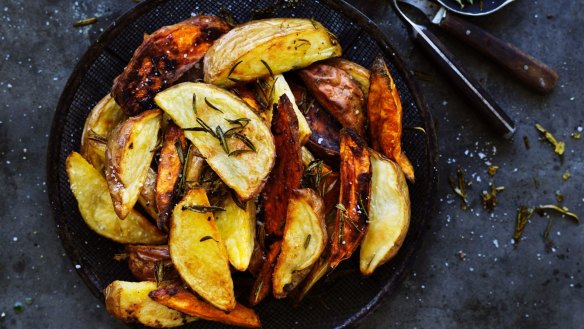 Roast potato wedges. 