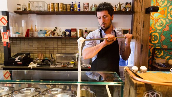 Stretching Turkish-style ice-cream at Cuppa Turca. 