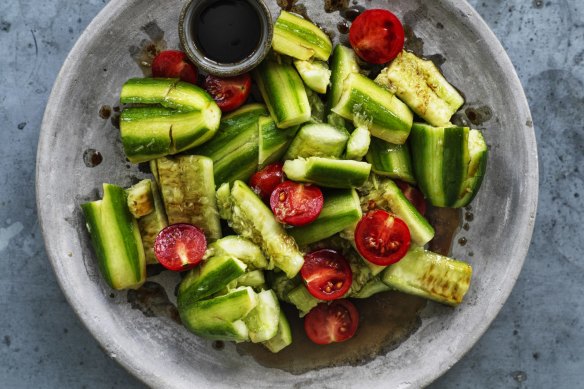 Bashed cucumber salad with black vinegar.