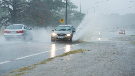Heavy rain on Fairbairn Ave on Sunday. 