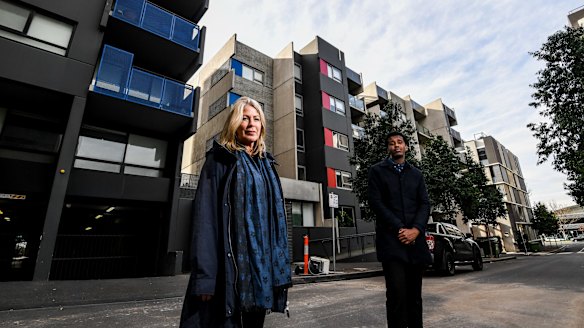Melbourne University academics Kate Shaw and Abdullahi Jama in front of public (left), and private (right) apartments. 