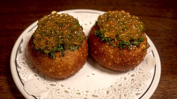 Fried tarama buns topped with Yarra Valley trout roe.