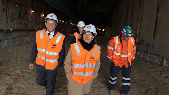 Premier Gladys Berejiklian and Transport Minster Andrew Constance inspect the tunnel at Moore Park for the light rail line.