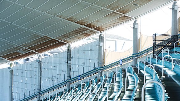 The roof of Allianz stadium shows the steelwork is corroding, while the timber supports in the roof are also decaying.