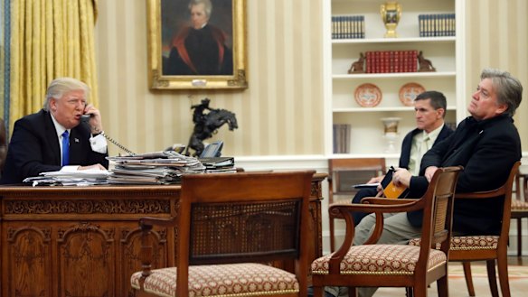 Donald Trump with Mike Flynn and Steve Bannon in the Oval Office during the call to Malcolm Turnbull.
