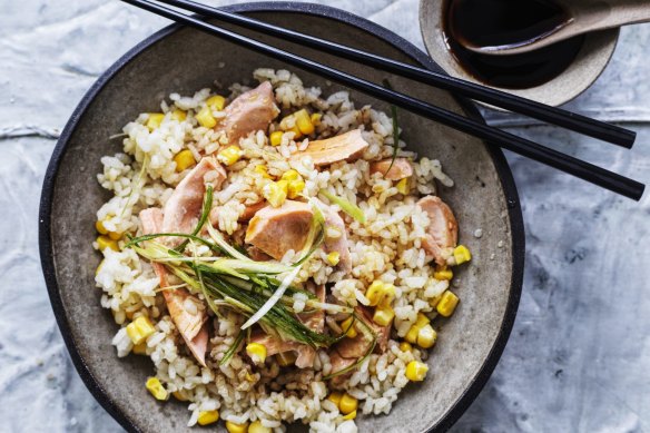 Salmon and corn rice.